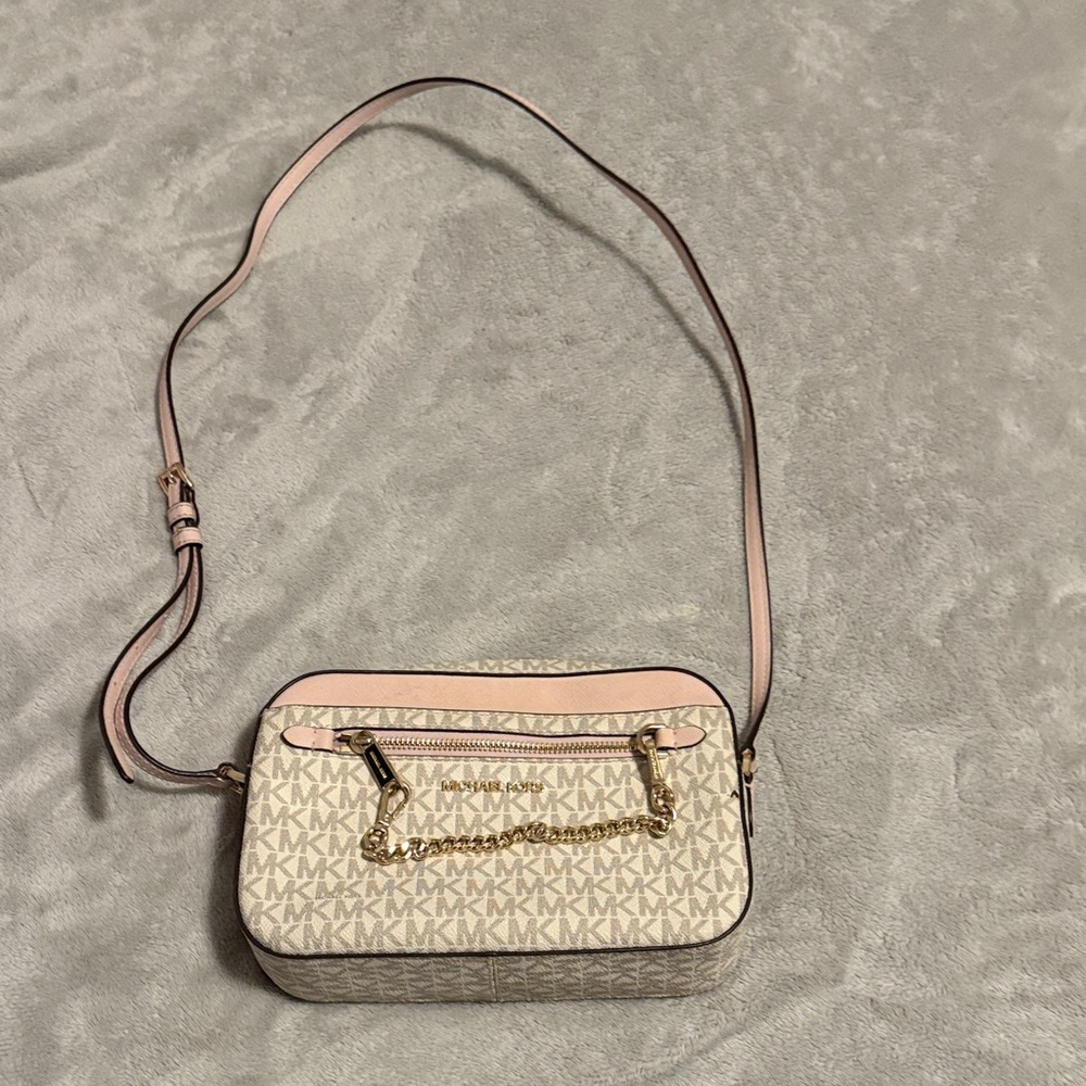 Michael Kors Pink and Cream Jet Set Large Logo Crossbody Bag